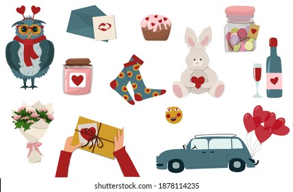 Elementos de diseño del día de San Valentín. Elementos amorosos íntimos aislados en fondo blanco. Ilustración vectorial en estilo plano.
