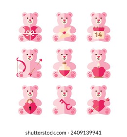 Valentine's day design elements. Cute teddy bear in Pink modern geometric style. Valentines cartoon vector illustration for card decoration. Love, heart icon symbol for Vday. Valentine ornament.