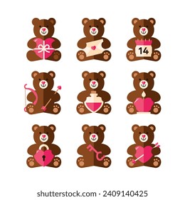 Valentine's day design elements. Cute teddy bear in Color modern geometric style. Valentines cartoon vector illustration for card decoration. Love, heart icon symbol for Vday. Valentine ornament.