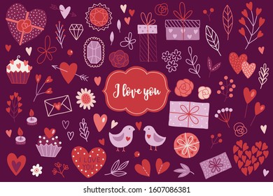 Valentine's Day design elements with hearts, roses, branches, presents, flowers, birds, leaves, candles, jewels, diamond, letter. Perfect for wedding decorations