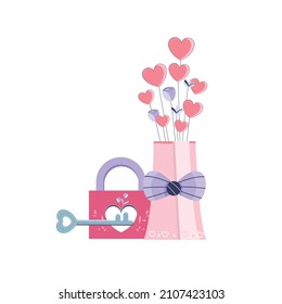  valentines day design elements isolated on white background, festive clip art, heart symbol lock key flowers