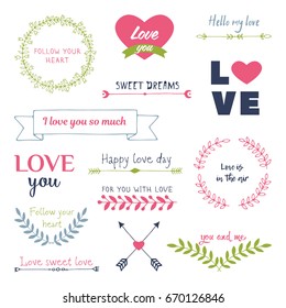 Valentine`s Day design elements and lettering