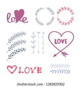 Valentine`s Day design elements and letterning