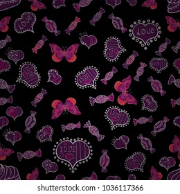Valentines Day design. Elements on black, purple and white colors. Seamless Love pattern with hand drawn doodle hearts.