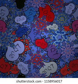 Valentines Day design. Elements on blue, black and neutral colors. Seamless Love pattern with hand drawn doodle hearts.