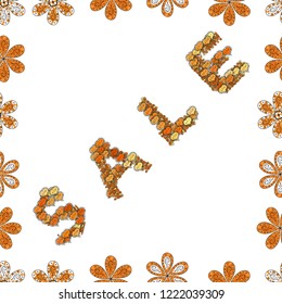 Valentines Day design. Elements on orange, yellow and black colors. Seamless Love pattern with hand drawn doodle hearts.