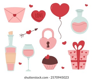 valentine's day design elements, romantic, cute, love, envelope, candy, heart, balloon, bottle, champagne, wine, glass, cupcake, gift box, potion, arrow, lock, vector illustration