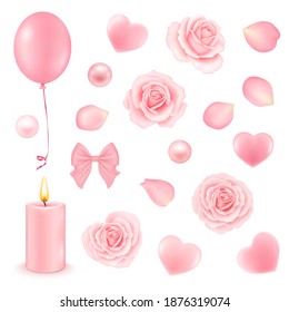 Valentine's Day  design elements set. Pink flowers, petals, candle, balloon, bow, hearts, pearls.
