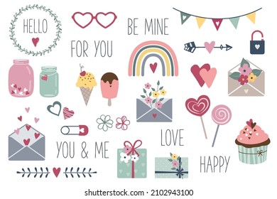 Valentine's Day design elements. Vector set. Hearts, flowers, letters, gift boxes, jars, ice cream, cupcake.