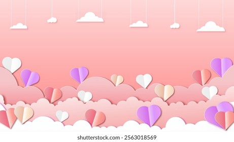 Valentine's Day design featuring paper-cut clouds and love-themed decorations. Perfect for holiday banners, web posters, flyers, elegant brochures, greeting cards, and covers, romantic background.