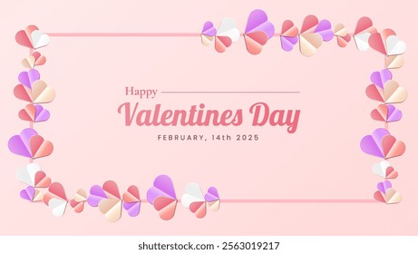 Valentine's Day design featuring paper-cut clouds and love-themed decorations. Perfect for holiday banners, web posters, flyers, elegant brochures, greeting cards, and covers, romantic background.