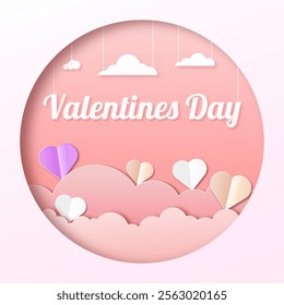 Valentine's Day design featuring paper-cut clouds and love-themed decorations. Perfect for holiday banners, web posters, flyers, elegant brochures, greeting cards, and covers, romantic background.