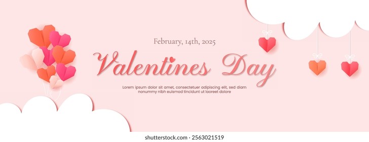 Valentine's Day design featuring paper-cut clouds and love-themed decorations. Perfect for holiday banners, web posters, flyers, elegant brochures, greeting cards, and covers, romantic background.
