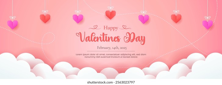 Valentine's Day design featuring paper-cut clouds and love-themed origami decorations. Perfect for holiday banners, web posters, flyers, brochures, greeting cards.