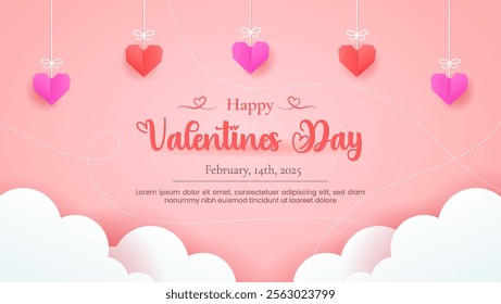 Valentine's Day design featuring paper-cut clouds and love-themed origami decorations. Perfect for holiday banners, web posters, flyers, brochures, greeting cards.