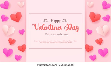 Valentine's Day design featuring paper-cut clouds and love-themed origami decorations. Perfect for holiday banners, web posters, flyers, brochures, greeting cards.