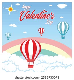 Valentine's Day design featuring vibrant hot air balloons in the sky with a rainbow, clouds, and a cheerful atmosphere ideal for greeting cards, festive decorations, and romantic messages. 