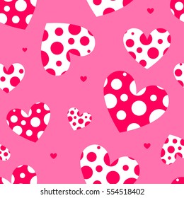 Valentines day design. Funny colorful love seamless pattern for girls, fashion textile, holidays wrapping paper. Cute girlish repeated backdrop with colorful fly hearts, dots. Romantic wallpaper
