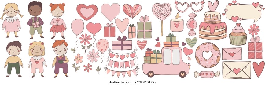 Valentinstag Design-Grafik Elemente großen Satz. Verschiedene romantische Objekte. Kinder, Auto, Herz, Ballon, Blumen, Donnuss, Kuchen, Geschenkbox. Vektorgrafik