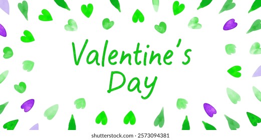 Valentine's Day design, green hearts, watercolor style, festive decoration, romantic theme, cheerful illustration.