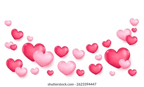 Valentine's day design. Group of red and pink 3d heart balloons. Romantic background for birthday greeting card, cover, party, posters. Cute love banner Vector illustration
