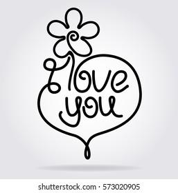 Valentine's Day design with heart, flower, stylized caption I love you in flat icon style.  