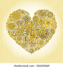 Valentine's day design. Heart shape pattern with love sign. Floral imitation of retro doodle hand drawing with pen. 