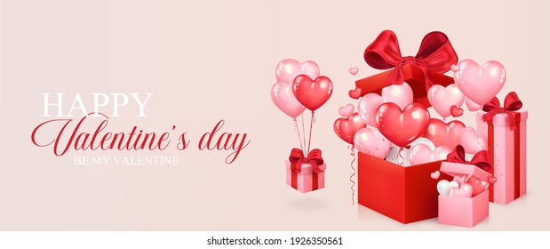 Valentine's day design. Heart shaped balloons fly out of realistic gift boxes. Romantic background for cover, party, greeting card, posters, promotion. Cute love banner vector illustration