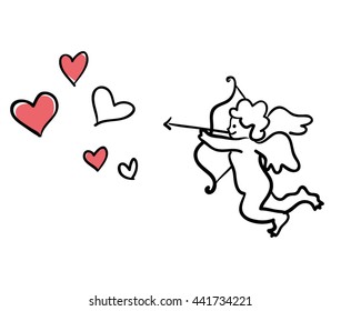 Valentines Day Design. Hearts And Cupid With Arrow. Line Drawing Cupid Vector Illustration. Angel Doodle.