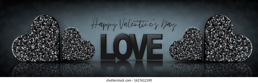 Valentines Day design. Luxury banner background. Love concept with black glitter heart with glass surface reflection. Romantic website header or sale advertisement promo. Vector illustration.