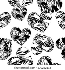 Valentines day design. Monochrome grunge love seamless pattern for girls, fashion textile, holidays wrapping paper. Cute girlish repeated backdrop with black and white fly hearts. Romantic wallpaper