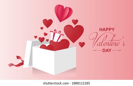 Valentine's day design. Open gift box full of decorative festive object. Holiday banner, web poster, flyer, stylish brochure, greeting card, cover. Romantic background