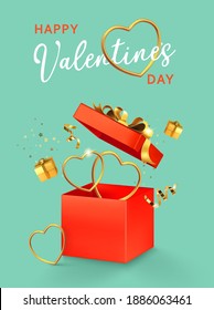 Valentine's day design. Open red gift box with assortment gold boxes, hearts, confetti on. 3d realistic vector. Holiday poster, flyer, banner.