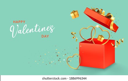 Valentine's day design. Open red gift box with assortment gold boxes, hearts, confetti on. 3d realistic vector. Holiday poster, flyer, banner.