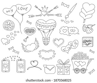 Valentines Day design outline set with hand drawn elements. Vector illustration on white background.