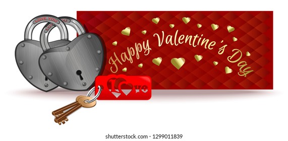 Valentines Day design with a pair of heart shaped padlocks. Padlocks on the background of a greeting card. Love You. Locks for couples. Vector illustration