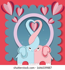 Valentine's day design in paper cut, couple of elephants in love.