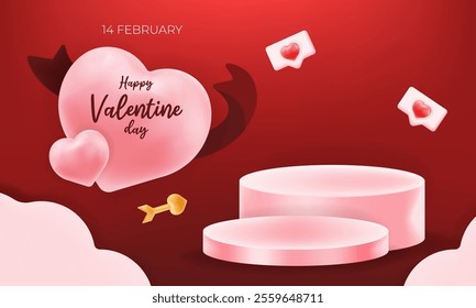 Valentine's Day design with pink podiums, heart-shaped balloons, love arrows, and red accents.  banners, festive promotions, template