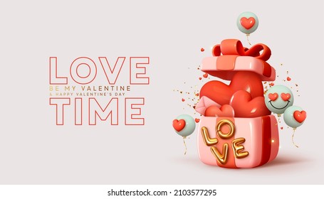 Valentine's day design. Realistic 3d pink gifts boxes. Open gift box full of decorative festive object. Holiday banner, web poster, flyer, stylish brochure, greeting card, cover. Romantic background - Shutterstock ID 2103577295