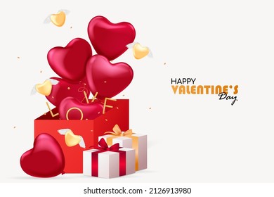 Valentine's day design. Realistic 3d pink gifts boxes. Open gift box full of decorative festive object. Heart shaped balloons