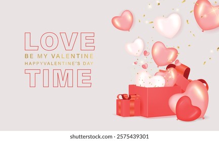 Valentine's day design. Realistic 3d pink gifts boxes. Open gift box full of decorative festive object. Holiday banner, web poster, flyer, stylish brochure, greeting card, cover. Romantic background