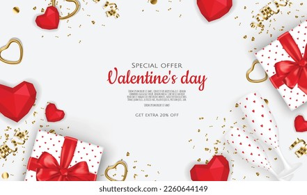 Valentine's Day design. Realistic gift boxes with champagne glass. Holiday banner, web poster, flyer, stylish brochure, greeting card, cover. romantic background