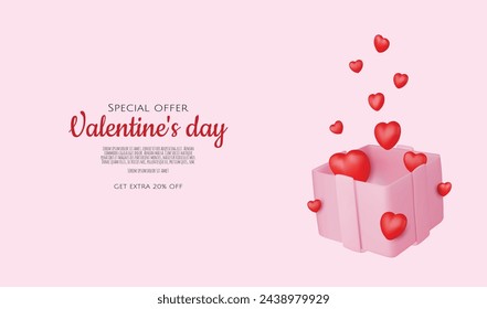 Valentine's day design. Realistic gifts boxes. Open gift box full of decorative festive object. Holiday banner, web poster, flyer, stylish brochure, greeting card, cover. Romantic background