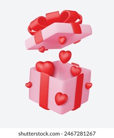 Diseño de San Valentín. Cajas de regalo realistas. Caja de regalo abierta llena de objeto festivo decorativo. Anuncio de Festiva, póster de Web, folleto, folleto elegante, tarjeta de felicitación, cubierta. Fondo romántico