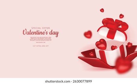 Valentines day design. Realistic gifts boxes. Open gift box full of decorative festive object. Holiday banner, web poster, flyer, stylish brochure, greeting card, cover. Romantic background