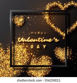 Valentine's day design. Realistic luxury golden hearts and glowing lights. Black color background. Vector illustration. EPS 10.