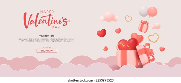 Diseño de San Valentín. Cajas de regalo rosadas realistas. Abrir caja de regalo llena de objetos decorativos festivos. Afiche de vacaciones, banner web, volante, folleto elegante, tarjeta de saludo, portada. fondo romántico