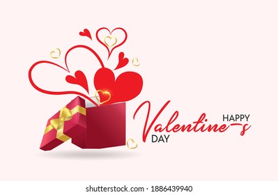 Valentine's day design. Realistic red gifts boxes. Open gift box full of decorative festive object. Holiday banner, web poster, flyer, stylish brochure, greeting card, cover. Romantic background