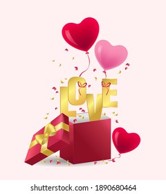 Valentine's day design. Realistic red gifts boxes. Open gift box full of decorative festive object. Holiday banner, web poster, flyer, stylish brochure, greeting card, cover. Romantic background