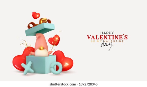 Diseño del día de San Valentín. Cajas de regalos rojos realistas. Abrir caja de regalo llena de objetos decorativos festivos. Banner de vacaciones, afiche web, volante, folleto elegante, tarjeta de saludo, portada. Antecedentes románticos